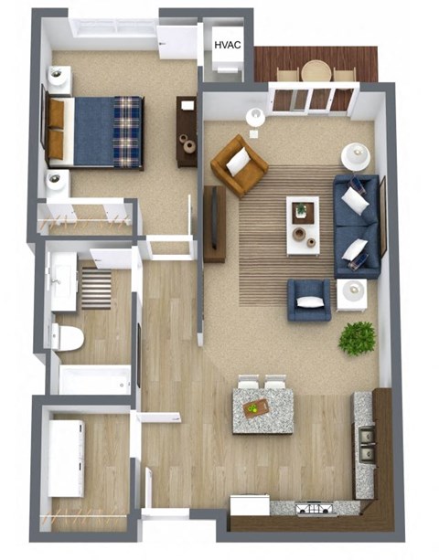Floor plan for 1 bed, 1 bath, 730 sqft